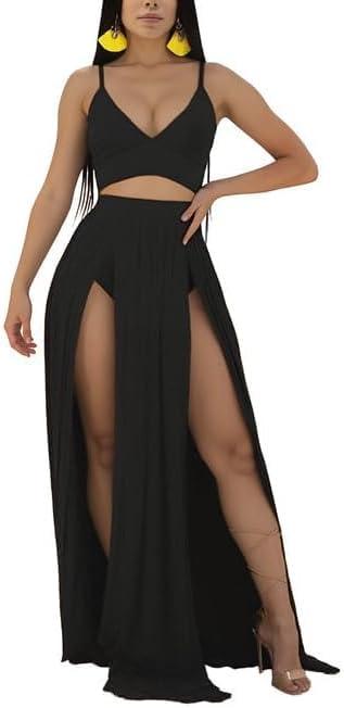 Women Sexy 2 Piece Outfits Dress Chiffon Strap Deep V Neck Bra Crop Top High Split Maxi Dresses Skirt Set (Large, Update Black/With Pad)