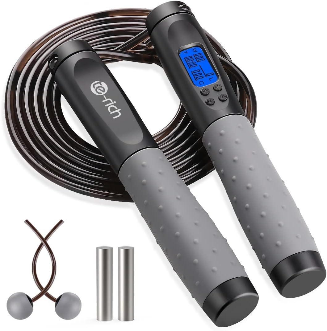 Te-Rich Jump Rope, Weighted Jump Rope for Fitness, Skipping Rope with Counter - Heavy Handles, Adjustable Length - Cordless Jumping Rope for Men Women Kids Fitness Exercise Training (Black+Gray)