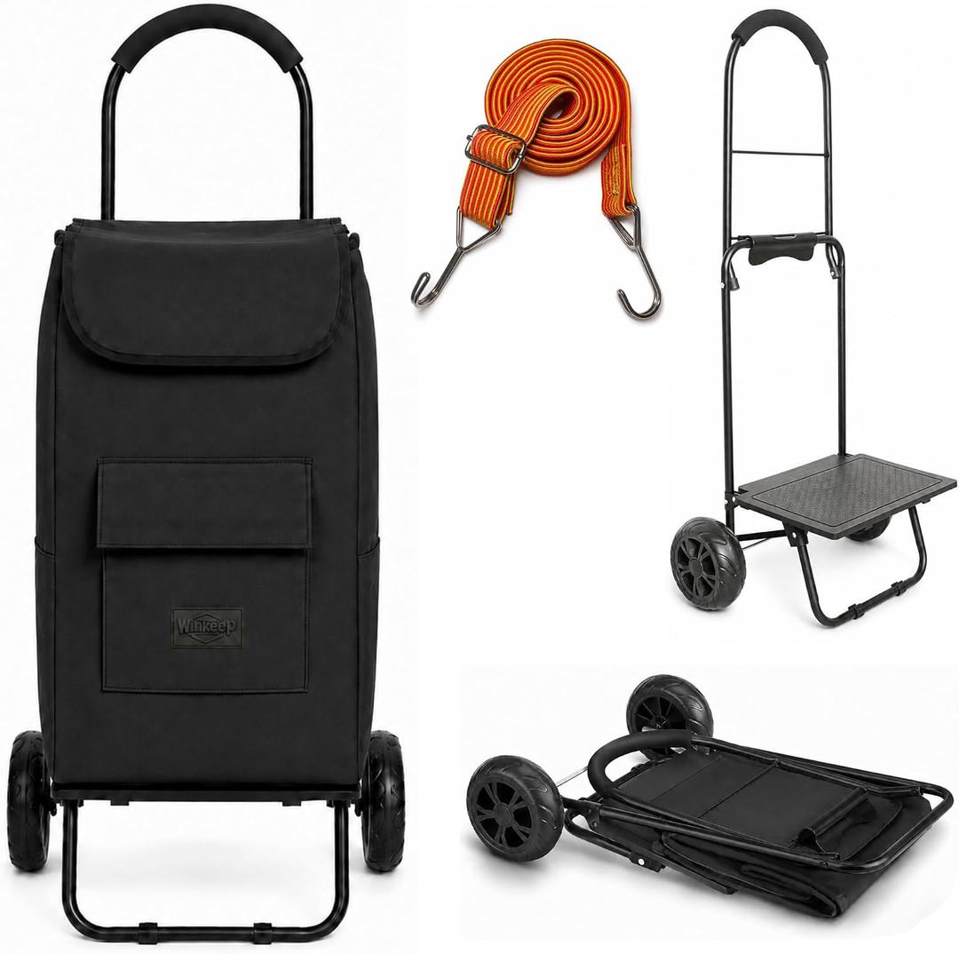 Shopping Cart, Super Loading Grocery Trolley, 220 lbs Capacity, Foldable Cart with Extra Large Black Shopping Bag Portable Grocery Utility Cart With Adjustable Bungee Cord