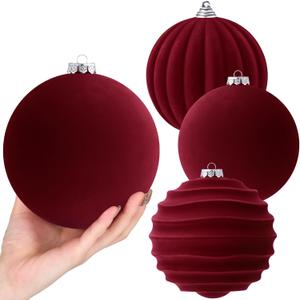Syhood 4 Pcs 6 Inch Velvet Christmas Balls Velvet Christmas Tree Ball Ornaments Plastic Balls for Xmas Tree Hanging Ornaments Home Garland Holiday Wedding Party Decor (Red)
