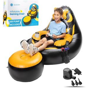 Qadory Inflatable Gaming Chair for Kids  Supports Up to 300 lbs, Includes Air Pump, Cup Holder, 2 Pockets  Durable Bean Bag Seat, Comfy Kids Gaming Chair & Top Gamer Chairs for Kid Room (Black, Orange)
