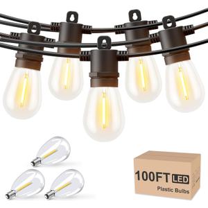 Svater Outdoor String Lights 100 FT, Patio for Outside with Shatterproof S14 Bulbs, Waterproof LED Hanging Light for Cafe Backyard Bistro Party, Warm White