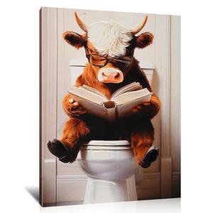 Poemwish Highland Cow Wall Art in Bathtub, Whimsical Highland Cow Decor, Surreal Canvas Wall Art with Bubble Bath, Quirky Animal Painting with Vintage Tub
