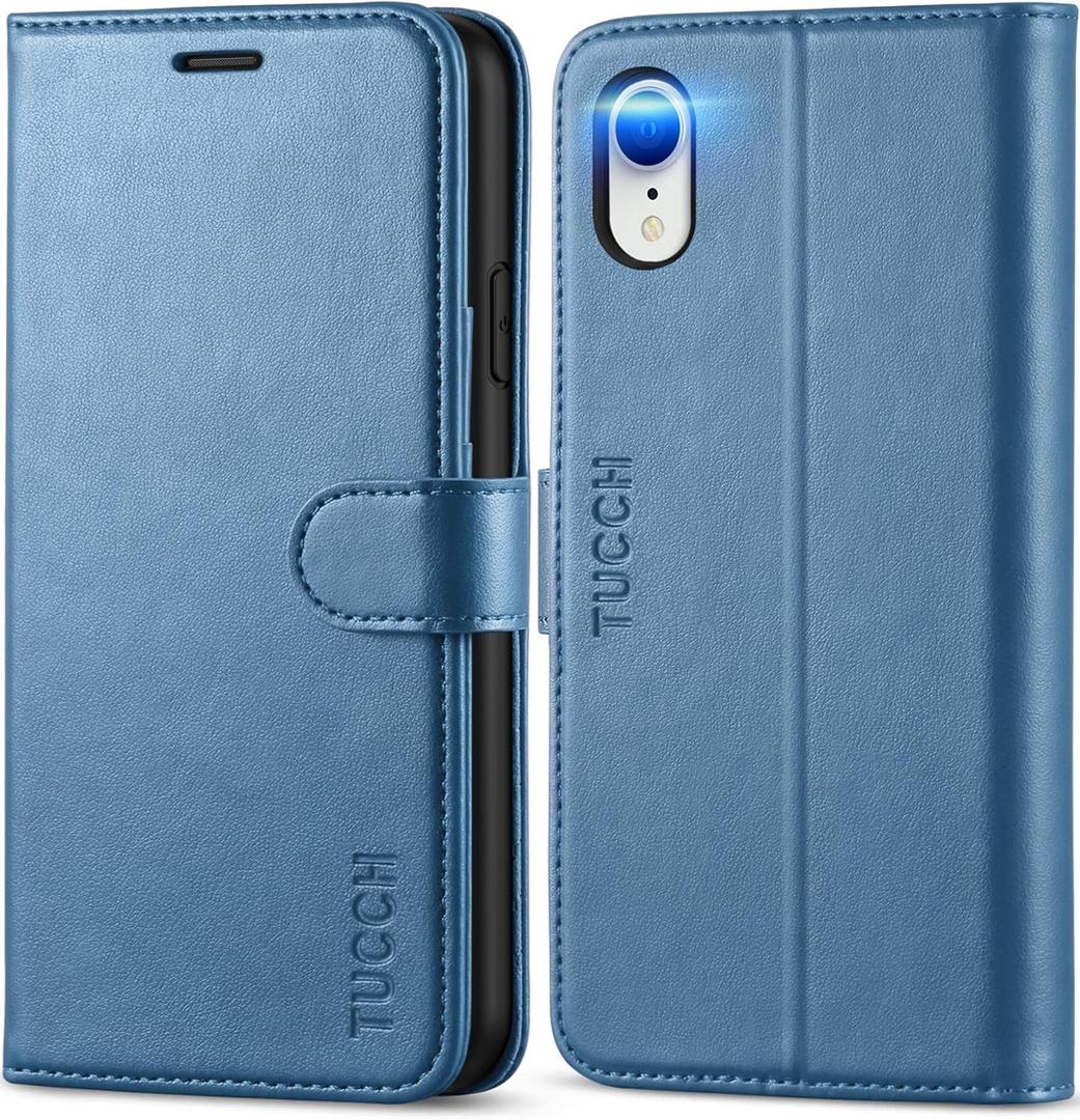 TUCCH Wallet Case for iPhone XR, Kickstand PU Leather Wireless Charging Flip Cover [Shockproof TPU Shell] with RFID Blocking Credit Card Slots Compatible with iPhone XR 6.1, Lake Blue