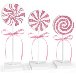3 Pieces Christmas Table Decorations Wood Candy Set, Pink Christmas Tiered Tray Decor, Rustic Candy Table Decorations for Home Tables (Pink)