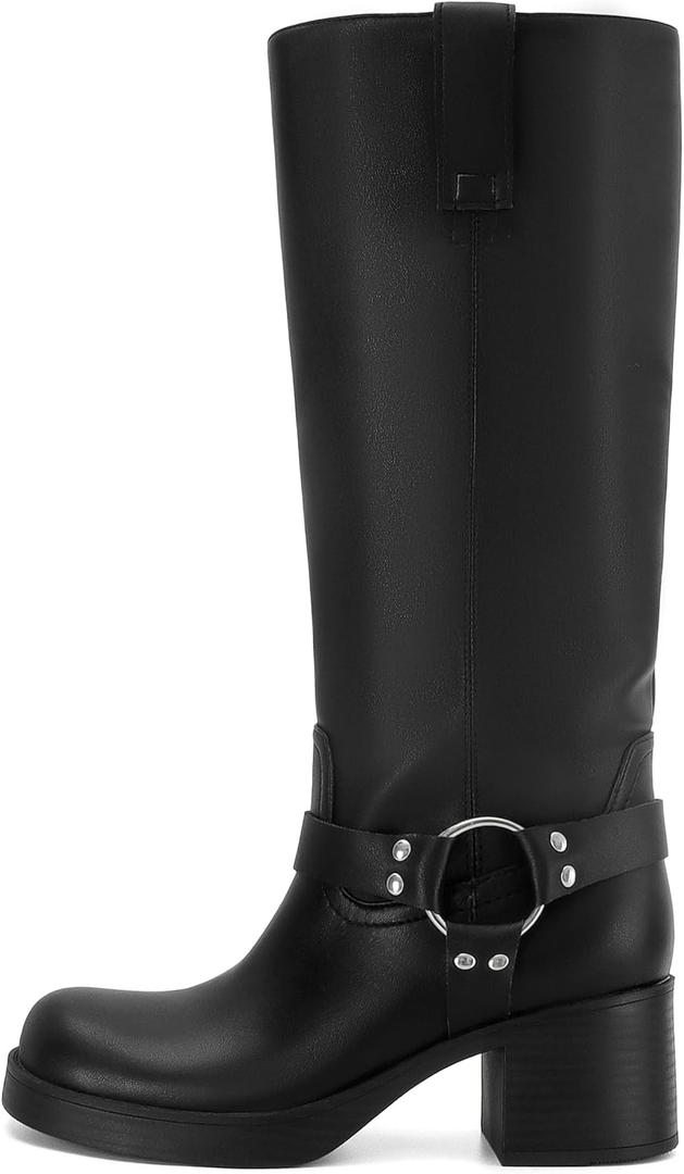 Women's Knee High Riding Boots Chunky Heel Wide Calf Motorcycle Boots with Side Zipper 7.5