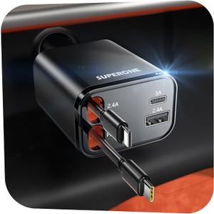 [2025 Upgraded] Retractable Car Charger, SUPERONE 69W Car Phone Charger with Cables Fast Charging, Gifts for Men Women Car Accessories for iPhone 16 15 14 13 12, Samsung, Black