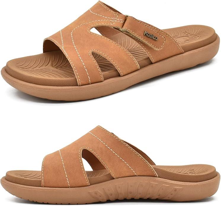 KuaiLu Womens Fashion Orthotic Slides Ladies Athletic Yoga Mat Memory Foam Walking Recovery Sandals Slip On Open Toe Thick Cushion Slippers Comfortable Plantar Fasciitis Arch Support, Khaki, Size: 7
