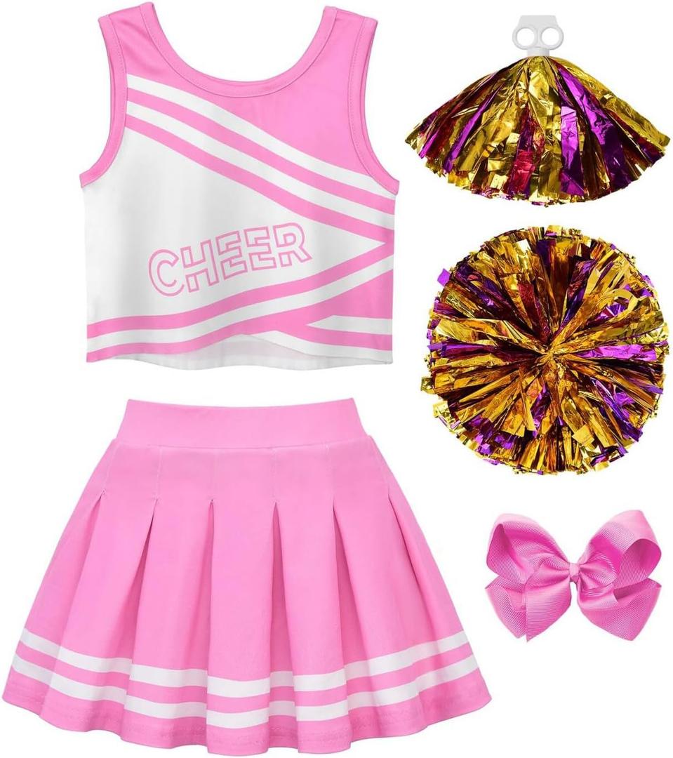 JerrisApparel Cheerleader Costume for Girls Cheer Uniform Dress Up Outfit With Pompoms (4T, Pink)