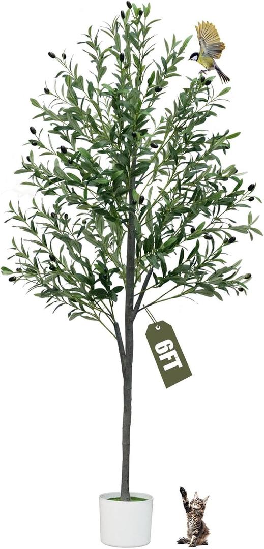 6FT Artificial Olive Tree,Artificial Plants Indoor,Faux Olive Tree Indoor with Natural Wood Trunk and Realistic Leaves and Fruits for Home Office Decor Thanksgiving Gift