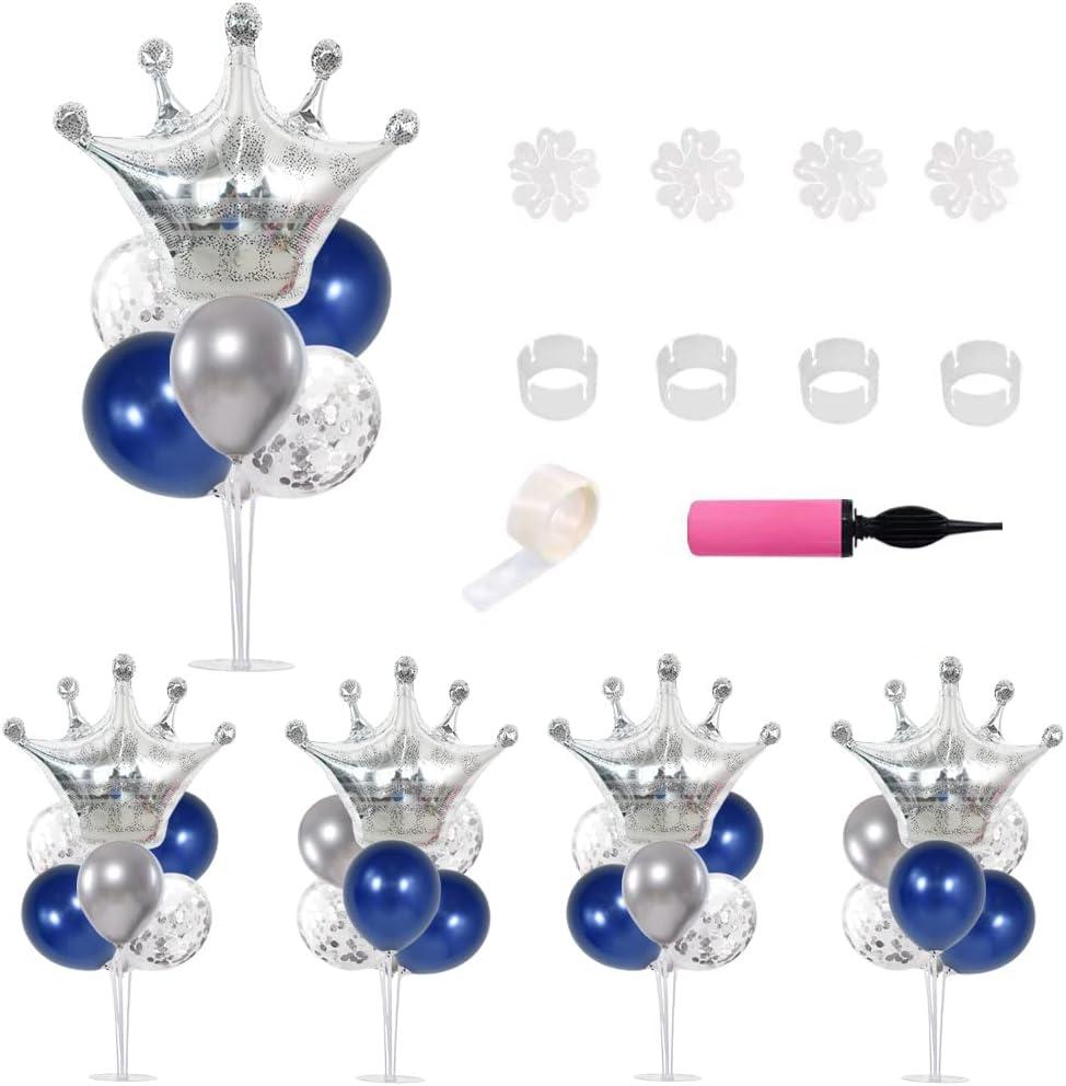 TONIFUL Table Centerpiece Balloons Stand Kit Include Blue Silver Latex Confetti Balloons and Foil Crown Balloon for Birthday Baby Shower Graduation Anniversary Table Party Decorations
