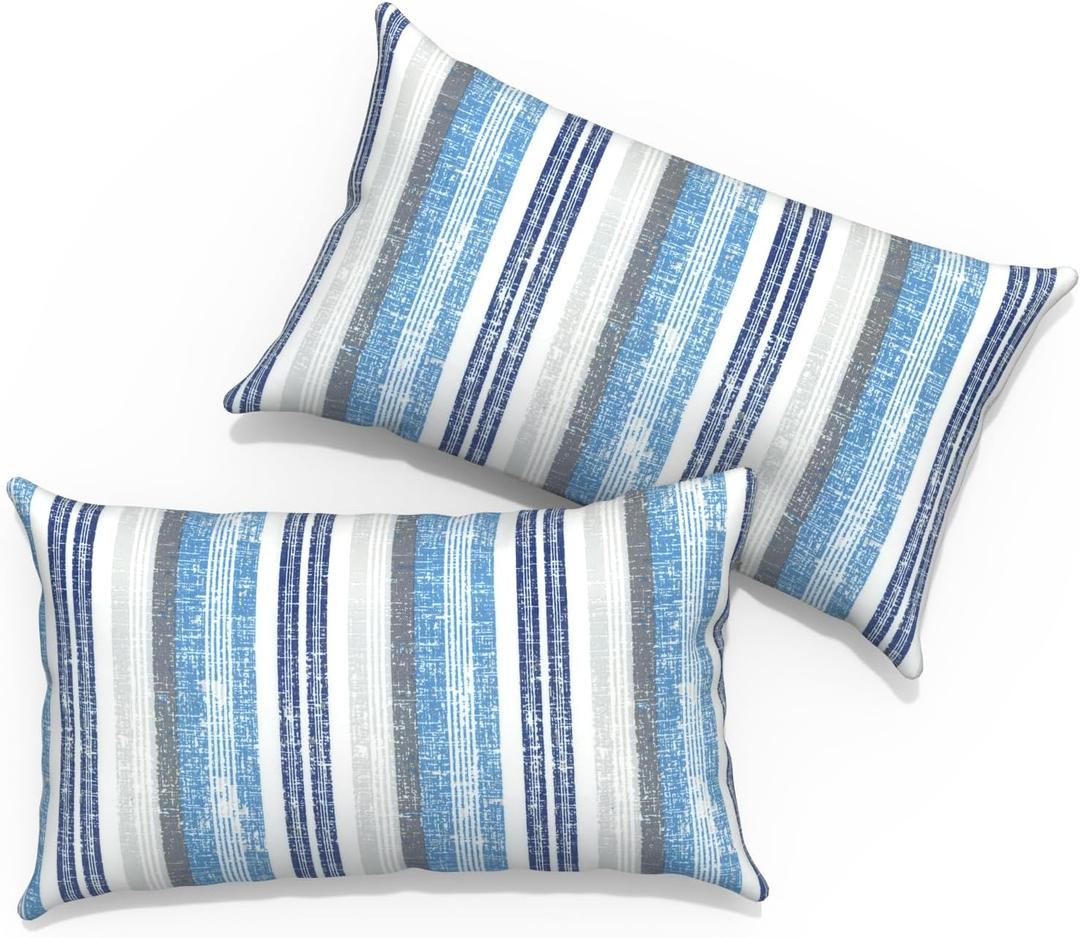 Outdoor Lumbar Pillows 12x20 inch, Rectangle Throw Pillows with Inserts, Decorative Lumbar Cushions for Patio Furniture Garden Couch Home Sofa Office Chair, Pack of 2, Stripe Layered Blue