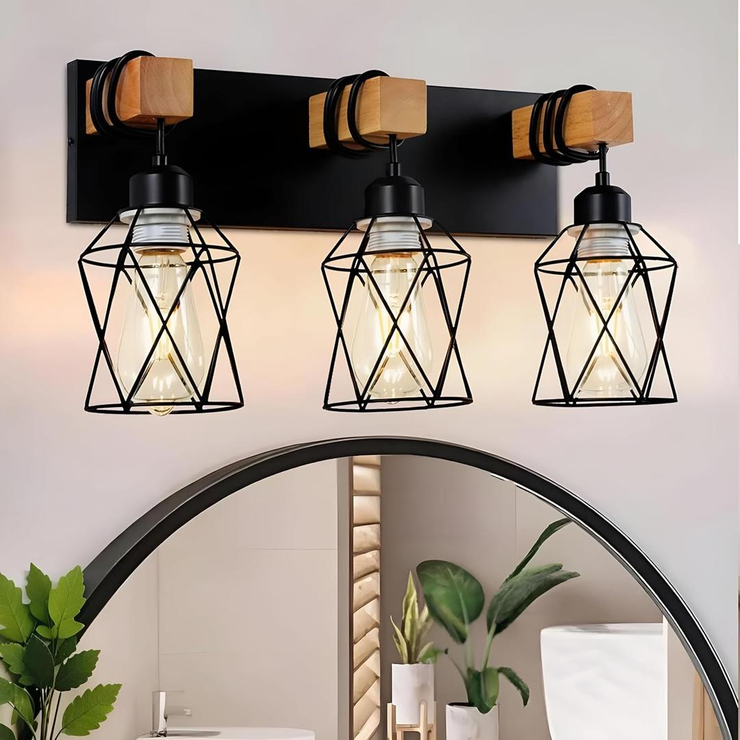 Farmhouse Bathroom Vanity Light, 3-Lights Wood Rustic Bathroom Light Fixtures Over Mirror, Black Industrial Sconces Wall Lighting with Metal Lampshade for Hallway, Living Room, Bedroom (18)