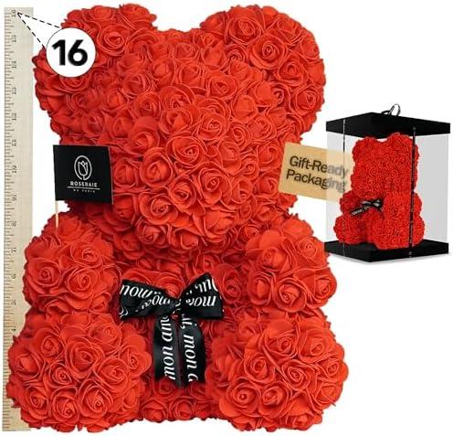 ROSERAIE DE PARIS Large 16 Inch Rose Bear Flower Bear Gift Set with Luxury Gift Box, Handmade Artificial Rose Teddy Bear, Valentine Gift for Her, Anniversary, Birthday