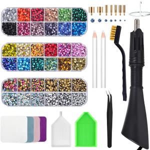 Epesl Bedazzler Kit with Rhinestones, Hot Fixed Gems Craft Applicator - Diamond Painting Pen, Wax Pencil, Tweezers, Tray, Cleaning Brush, Picker Rhinestones Crystals for DIY Clothes Shoes