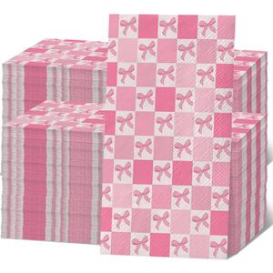 200 Pcs Pink Bow Napkins Pink and White Checkered Napkins Bow Disposable Hand Towels for Bathroom Gingham Baby Shower Napkin Disposable Decorative Bows Cocktail Napkin Birthday Wedding Party Decor