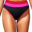 Tempt Me Women Black and Pink Colorblock Bikini Bottom Full Coverage Bathing Suit Bottoms High Waisted Swimsuit Bottom L