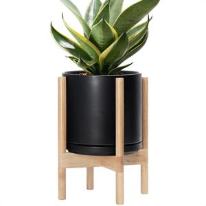 D'vine Dev Ceramic Pot with Natural Wood Stand, Black, 10 in, 55-B-K-2