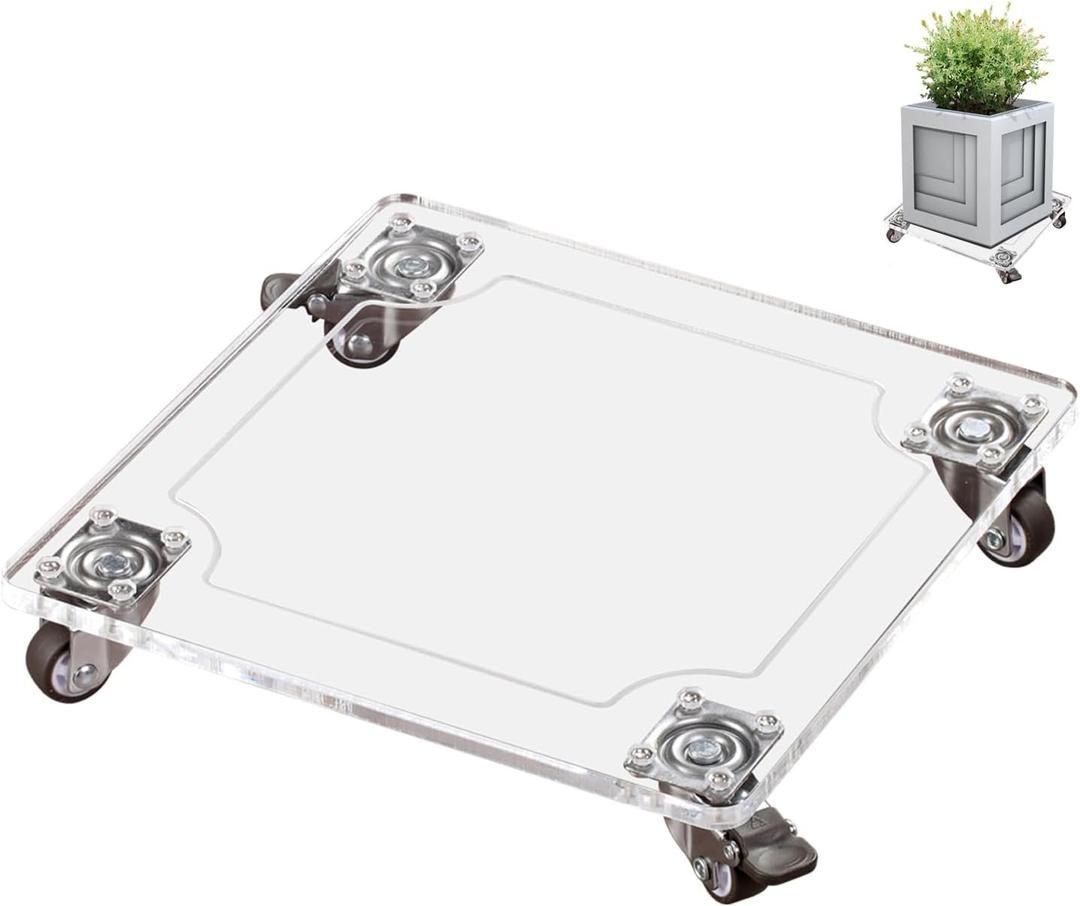 1PC Transparent Clear Color Plant Caddy 10x10 inch Acrylic Heavy Duty Square Plant Stand with 2 Roller Lockable Caster Wheels,Indoor Outdoor Holds Up 150 Lbs Patio/Flower Pot/Dolly