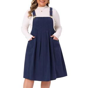 Agnes Orinda Plus Size Corduroy Pinafore Dress for Women Pleated Adjustable Strap Suspender Skirt Overall Dress 1X Dark Blue