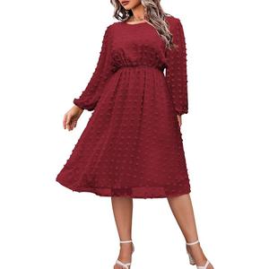 IN'VOLAND Women's Plus Size Swiss Dot Long Sleeve Chiffon Dress Flowy High Waist A Line Ruffle Babydoll Midi Dresses 16W-24W, Red, M