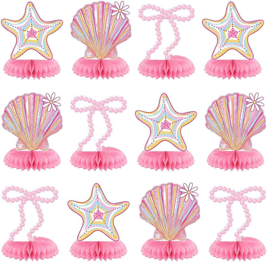 12 Pcs Pink Bow & Seashell Birthday Party Table Decor, Pink Bow Honeycomb Centerpieces, 3D Coquette Starfish Seashell Pearl Table Topper for Birthday Bachelorette Bridal Wedding Party Supplies