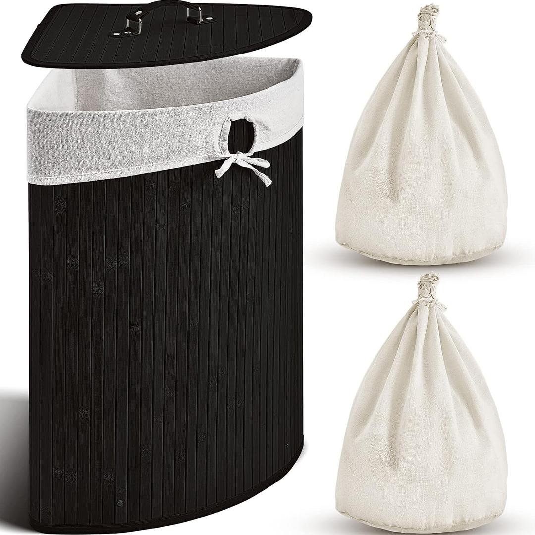 Gueevin Corner Bamboo Laundry Hamper with Lid and Removable Liner Corner Bamboo Laundry Basket with Handle Washing Clothes Basket Storage Bin for Bedroom Bathroom(Black,Vertical Slatted)