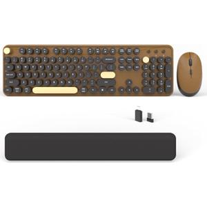 Wireless Computer Keyboards Mouse Combos, COVEVA Colorful Typewriter Retro Keyboard with Round Keycaps, USB Keyboard and Mouse Set 2.4GHz Full-Size Wireless Keyboard and Optical MouseBlack-Coffee