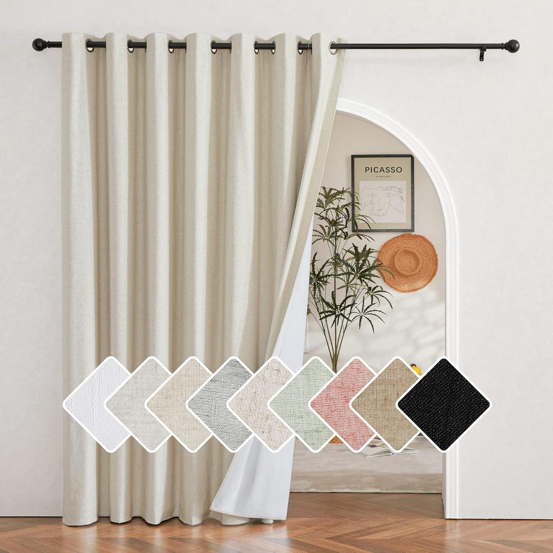 NICETOWN Natural 100% Blackout Linen Insulated Patio Curtain 95 inch Long Burg, Farmhouse Thick Completely Blackout Window Treatment Thermal Drape for Living Room (1 Panel, 100" Width) (100"W x 95"L (Pack of 1))