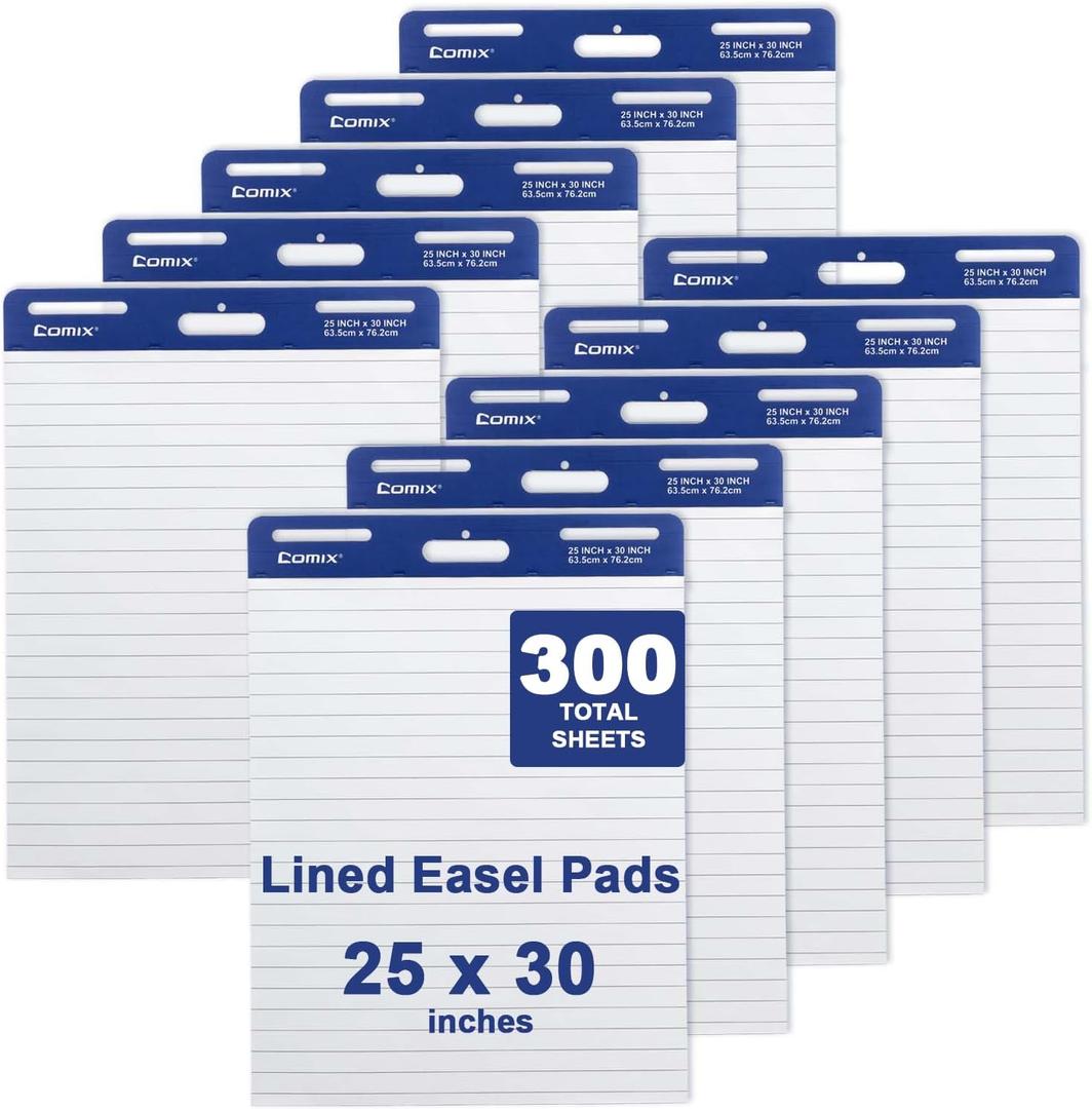 Comix Lined Sticky Easel Pad, 25 x 30 Inches Flip Chart Paper for Teachers, Large Self Stick Easel Paper, 30 Sheets/Pad, 10 Pads/Pack