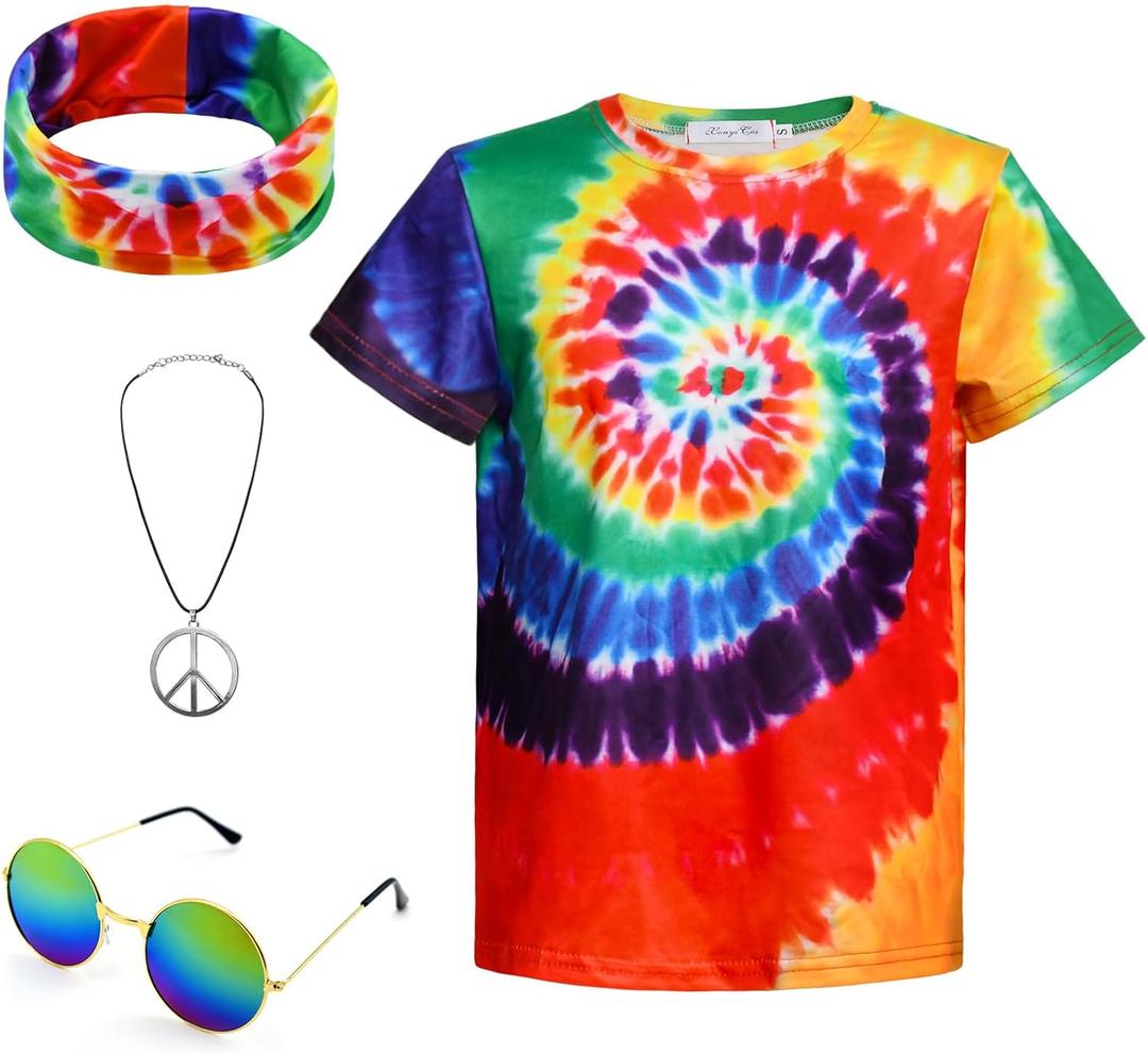 70s Hippie Costume for Kids Colorful Tie Dye Shirt Boys Girls 4Pcs Accessories Set for Halloween Party Cosplay (X-Small)