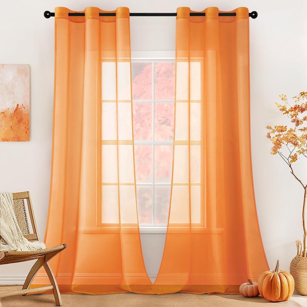MIULEE Solid Color Sheer Curtains 84 Inches Long 2 Panels Set - Fall Elegant Lightweight Grommet Light Filtering Window Voile Panels/Drapes/Treatment for Bedroom Living Room W42 x L84 Inch, Orange