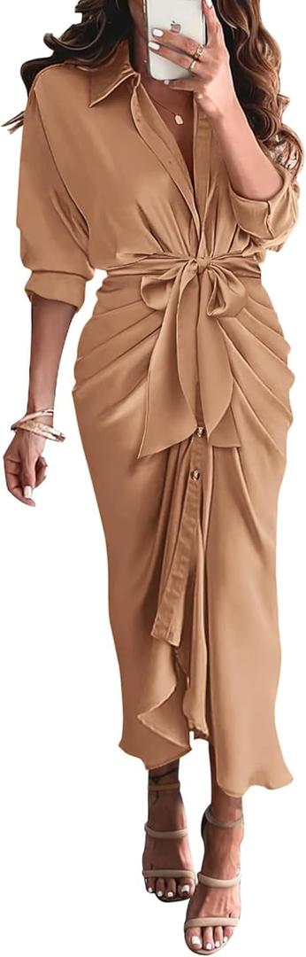 BTFBM Women Long Sleeve Satin Dress 2025 Summer Spring Lapel V Neck Button Down Elegant Belted Ruched Maxi Shirt Dresses (Large)