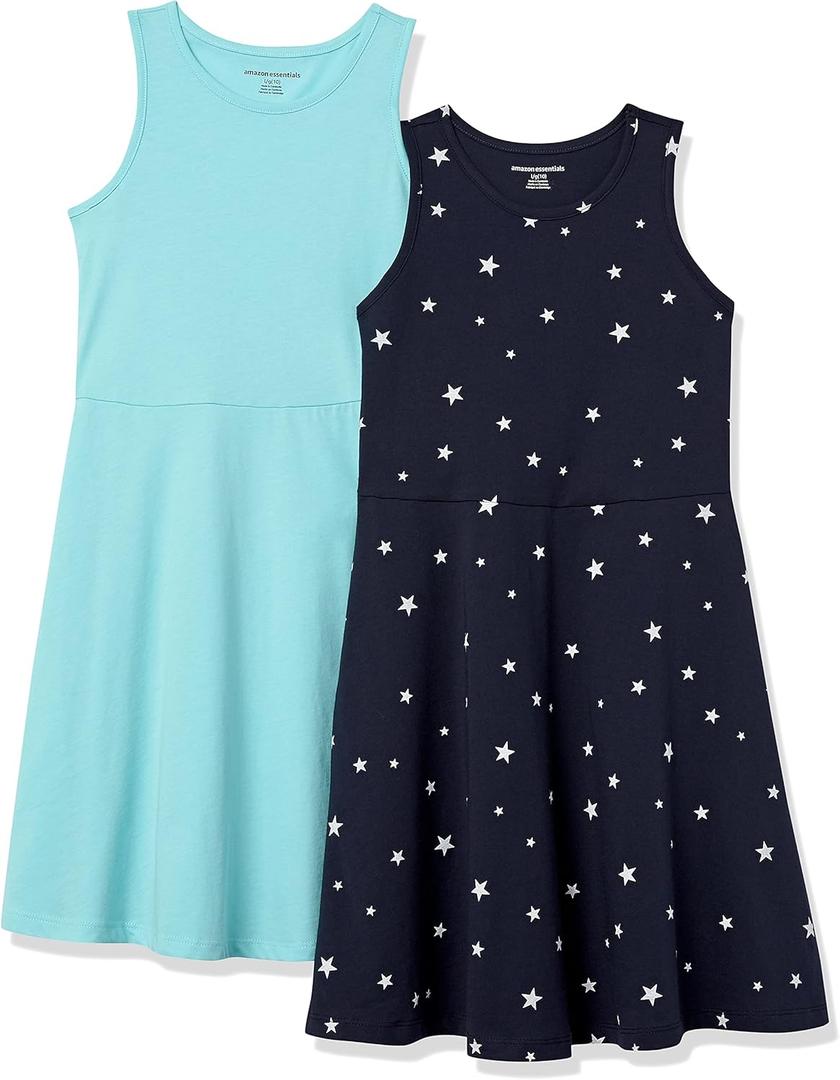 Amazon Essentials Girls and Toddlers' Knit Sleeveless Tank Play Dress, Pack of 2 (X-Large, Aqua Blue/Navy Stars)