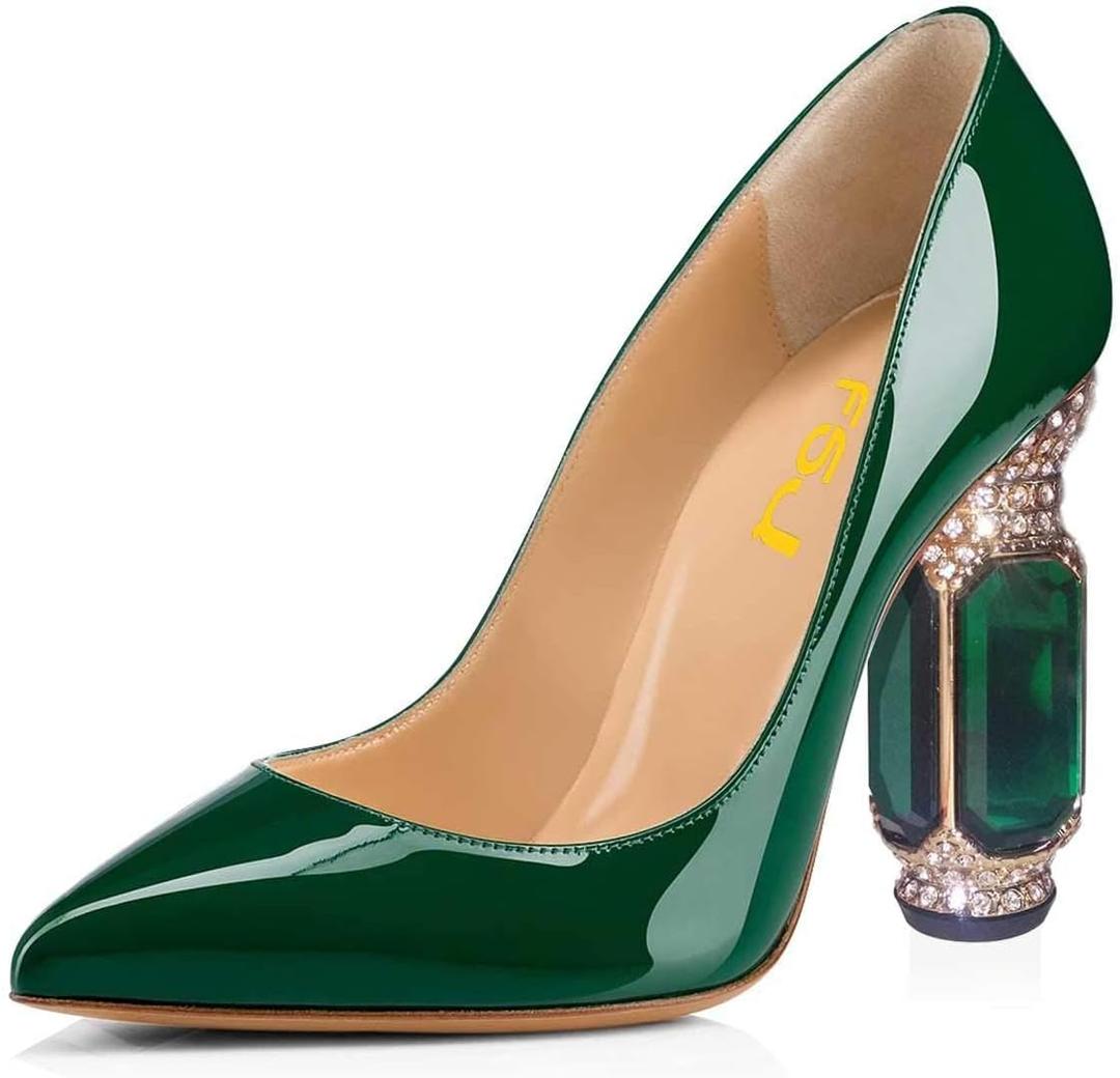FSJ Women Bridal Pointed Toe Chunky High Heel Crystal Pumps Slip on Wedding Thick Comfort Unique Shoes (7, Forest Green)