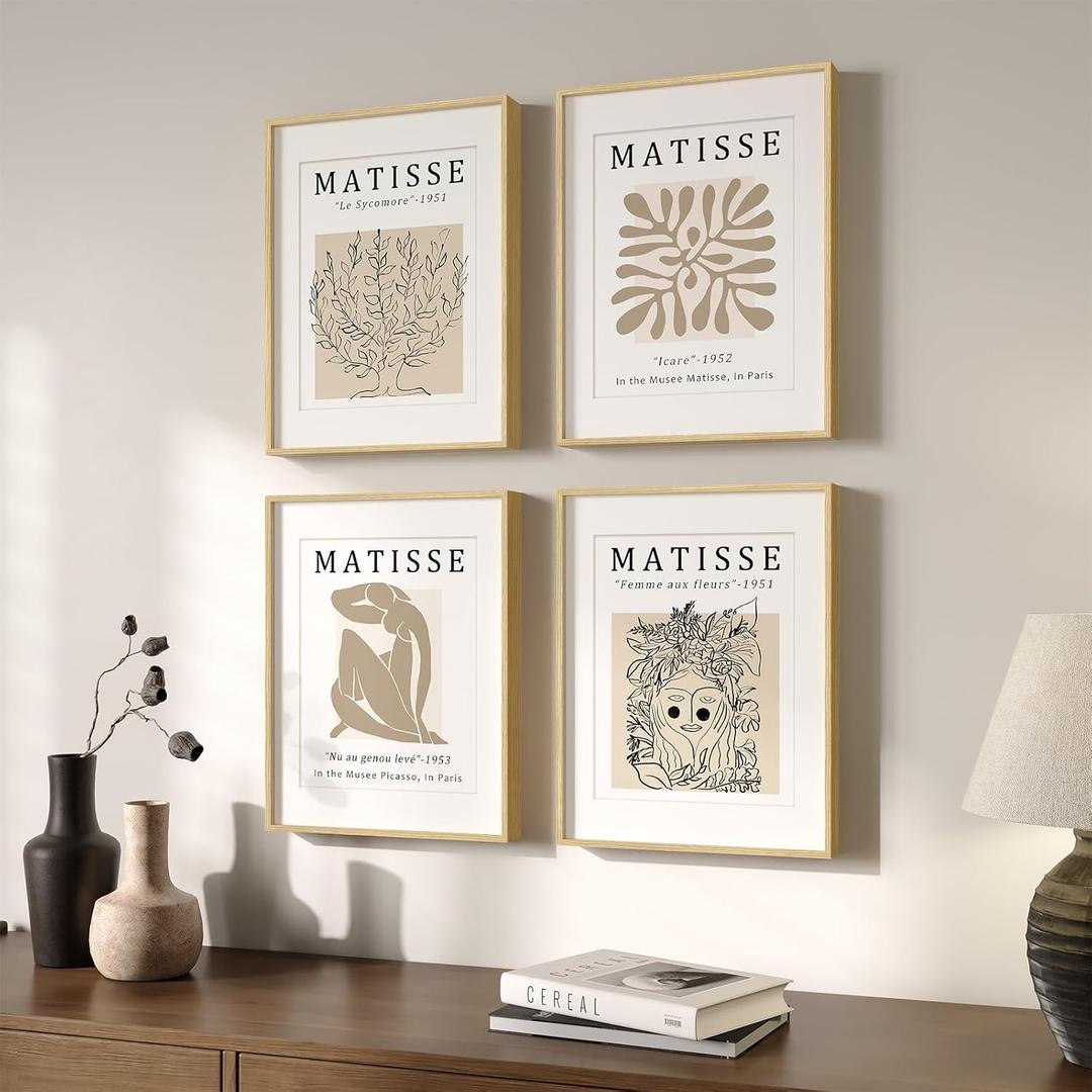 Framed Matisse Neutral Wall Art, Set of 4 Pieces Beige Wall Decor, Abstract Modern Minimalist Botanical Prints for Bathroom, Living Room, Dining Room, Bedroom, Home Office Decor 11x14