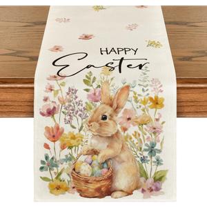 Artoid Mode Rabbit Bunny Eggs Flowers Basket 210 GSM Easter Table Runner, Seasonal Spring Kitchen Dining Table Decoration for Home Party Decor 13x120 Inch (Beige)