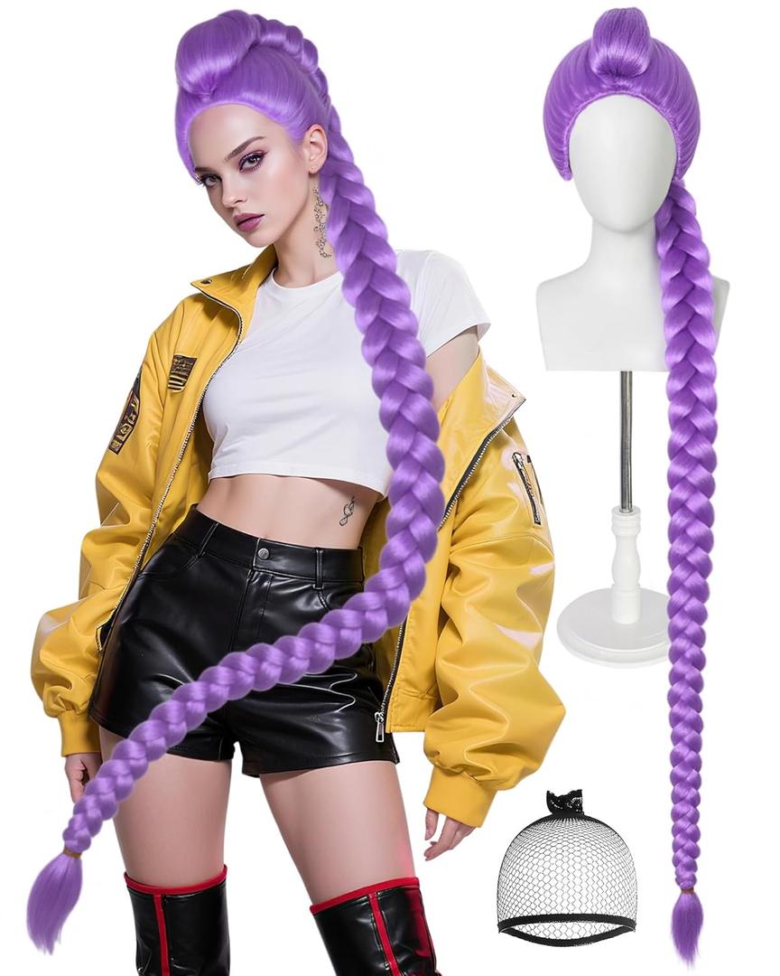 Hair Cap+Long Purple Wig with Braids Purple Braided Wig for Women Extra Long Cosplay Outfit Halloween Ponytail Costume Adult Anime Outfit for Halloween Party Cosplay Comic Con