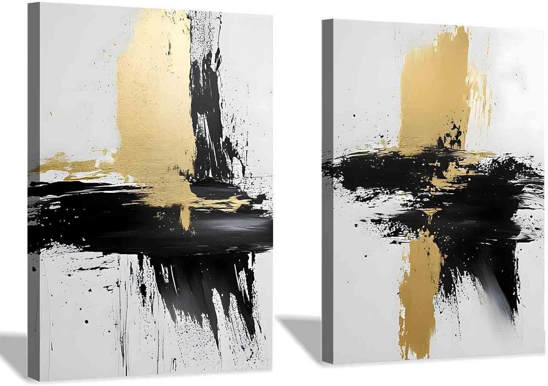Black White Gold Abstract Wall Art Gold Foil Canvas Wall Art Black Grey And Gold Black White Grey Pictures Black Brush Stroke Wall Art Modern Abstract Picture Living Room Decor 16x24inchx2 Framed