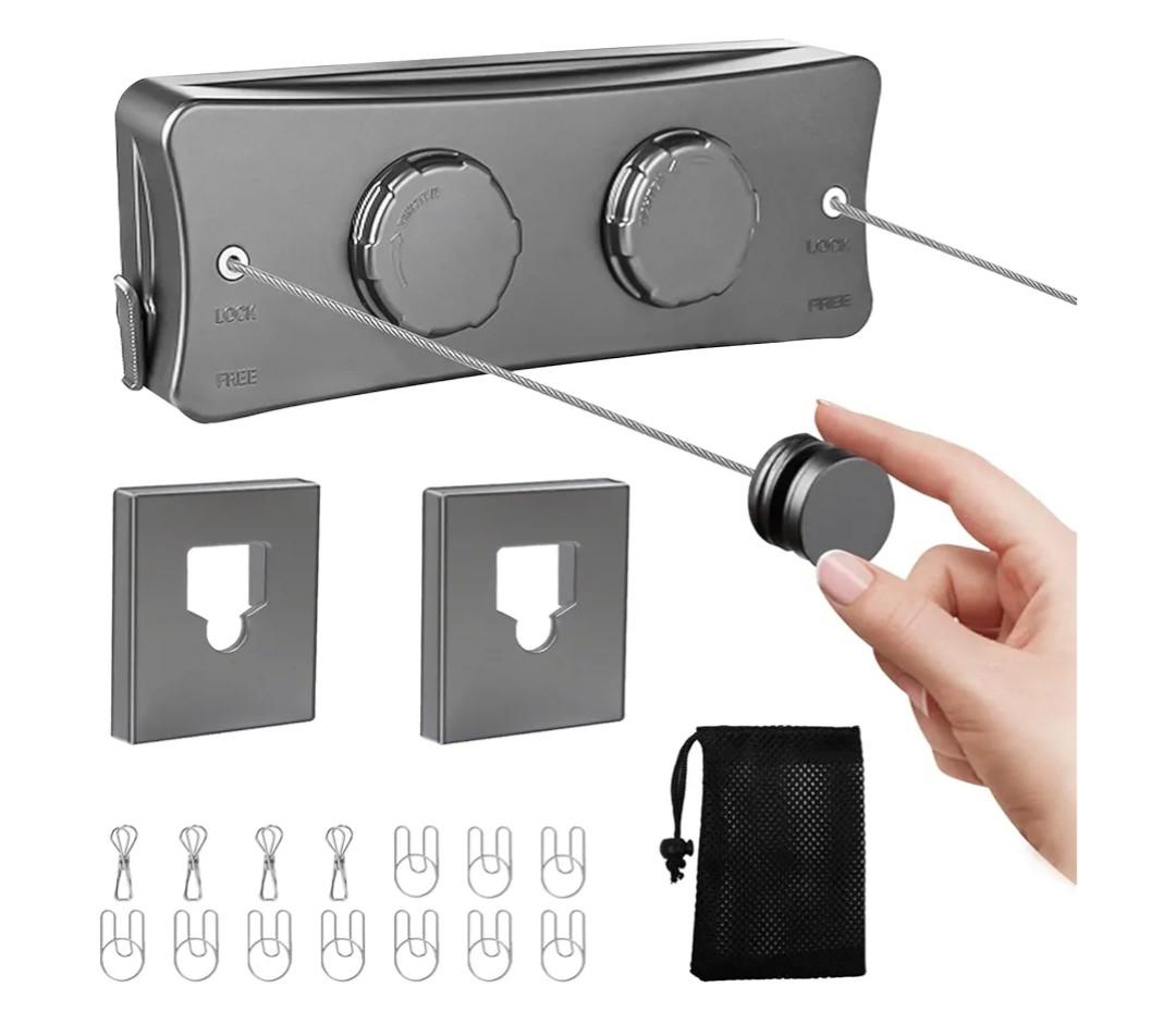 Retractable Clothesline Indoor & Outdoor, 16.7 Ft Non-Sagging Double Clothes Line, Retracting Heavy Duty Clothes Drying Laundry Line, Wall Mounted Space-Saving Stainless Steel Line