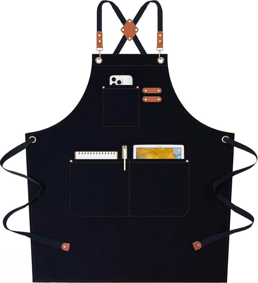 AFUN Chef Aprons for Women Men with Oversized Pockets, 12-Ounce Cotton Canvas Cross Back Water Repellent Apron (Black)
