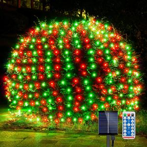 WBao Solar Christmas Lights Outdoor, 200LED 8.4ft x 5.2ft Christmas Net Lights with Remote, 8 Lighting Modes, Timer, Waterproof Design for Lawn, Bushes, Trees Outdoor Xmas Decorations,  Red Green, 200LED
