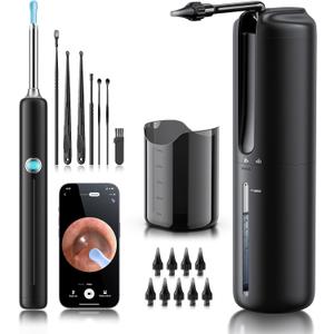 Ear Wax Removal - Electric Ear Irrigation Flushing System with 4 Pressure Modes, Ear Cleaner with Camera, 1080P Otoscope, Ear Cleaning Tool with 7 Pcs Ear Set, Safe and Effective Earwax Removal Kit (Black)