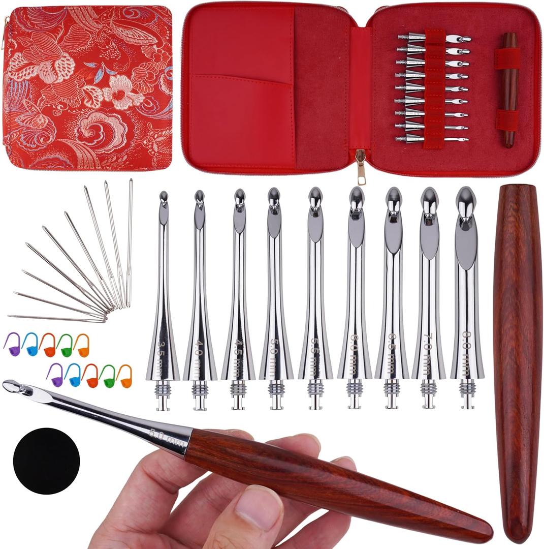 Interchangeable Ergonomic Crochet Hooks Set Inline Beginner Crochet Needles Kit Smooth Grip Wooden Handle with Red Case for Arthritic Hands 9 Sizes 3.5mm-8mm