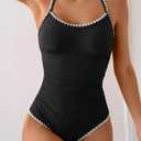 Eomenie Women's One Piece Swimsuit Tummy Control Slimming Bathing Suit Ruched Swimwear Tie Back Shell Stitch Swim Suit (Large, Black White)