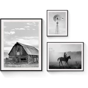 Rustic View Framed Wall Art: 3 Pieces Black and White Farmhouse Picture Misty Cowboy Old Barn Photography Modern Windmill Landscape Artwork Nature Horse Prints for Bedroom Office Living Room
