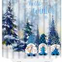 Christmas Gnome Shower Curtain Winter Forest Xmas Snowflake Hello Blue Winter Snowy Pine Tree Holiday Fabric Bathroom Curtain Set with Hooks(70" WX70 H)