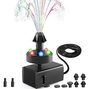 SZMP Bird Bath Fountains, Upgraded 24-Hours Working Bird Bath Fountain Pump with Light & 7 Nozzle, 16.4Ft Power Cord & Adapter, Adjustable Water Pump for Garden, Fish Tank, Outdoor (Colorful)