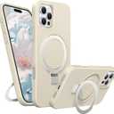 Liquid Silicone Case for iPhone 16 Pro Max with Magnetic Ring Stand, Military Grade Shockproof Protection, Anti-Scratch Microfiber Lining Covers for iPhone 16 Pro Max, White