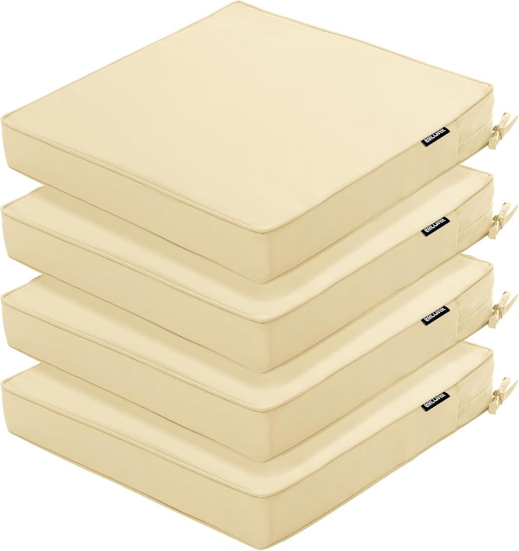 4 Pack Outdoor Chair Cushions 19 x 19 Inch Waterproof Patio Chair Cushions with Tie 5 Year Color Fastness Thick Outdoor Seat Cushion for Garden Lawn Patio Furniture Beige